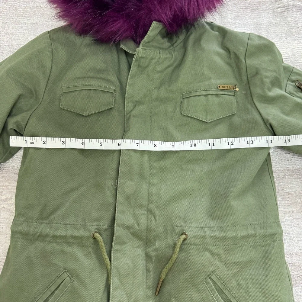 Guess Girls Green Parka with Purple Faux Fur Trim, Size 8